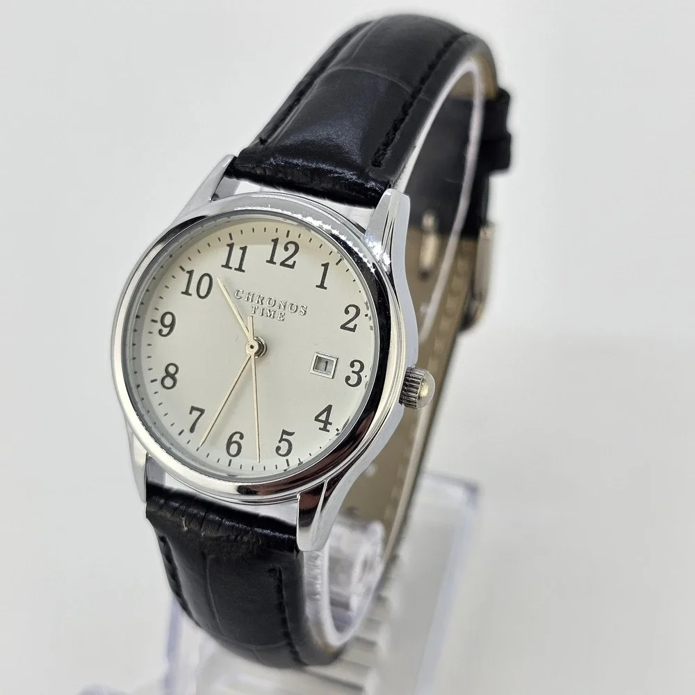 Women's Analog Watch 30MM White Dial Date NEW Black Leather Bands NEW Battery